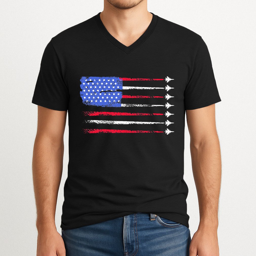 4th Of July Jet American Flag Patriotic Usa V-Neck T-Shirt