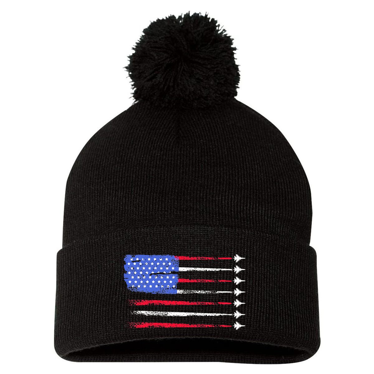 4th Of July Jet American Flag Patriotic Usa Pom Pom 12in Knit Beanie
