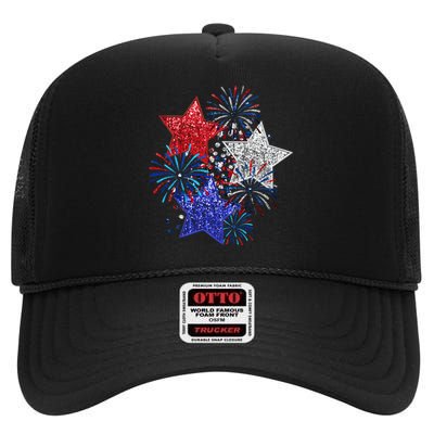 4th Of July Fireworks Stars Funny Cute 4th Of July High Crown Mesh Back Trucker Hat