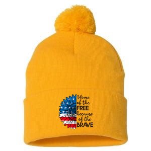 4th Of July Sunflower Home Of The Free Because Of The Brave Gift Pom Pom 12in Knit Beanie