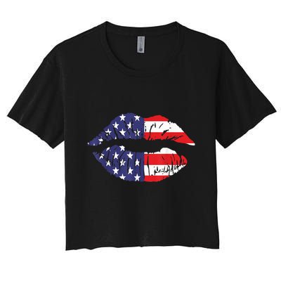 4th Of July Patriotic Hot Lips American Flag Grunge Vintage Women's Crop Top Tee