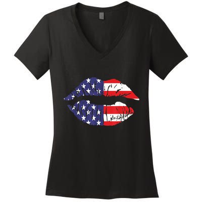 4th Of July Patriotic Hot Lips American Flag Grunge Vintage Women's V-Neck T-Shirt