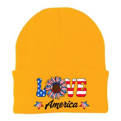 4th Of July Love America Sunflower Patriotic Us Usa Flag Cute Gift Knit Cap Winter Beanie