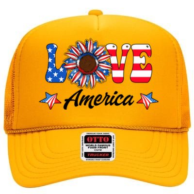 4th Of July Love America Sunflower Patriotic Us Usa Flag Cute Gift High Crown Mesh Back Trucker Hat