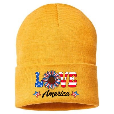 4th Of July Love America Sunflower Patriotic Us Usa Flag Cute Gift Sustainable Knit Beanie