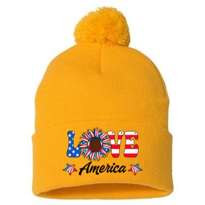 4th Of July Love America Sunflower Patriotic Us Usa Flag Cute Gift Pom Pom 12in Knit Beanie