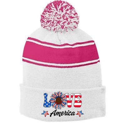 4th Of July Love America Sunflower Patriotic Us Usa Flag Cute Gift Stripe Pom Pom Beanie