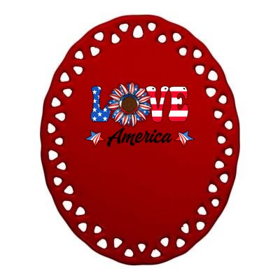 4th Of July Love America Sunflower Patriotic Us Usa Flag Cute Gift Ceramic Oval Ornament