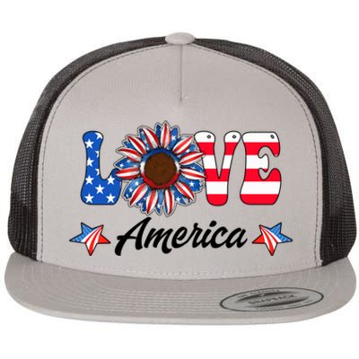 4th Of July Love America Sunflower Patriotic Us Usa Flag Cute Gift Flat Bill Trucker Hat