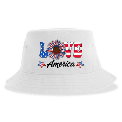 4th Of July Love America Sunflower Patriotic Us Usa Flag Cute Gift Sustainable Bucket Hat