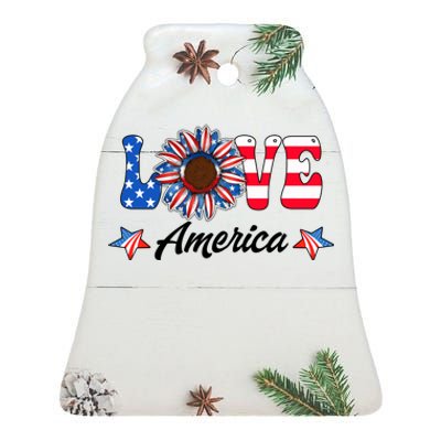 4th Of July Love America Sunflower Patriotic Us Usa Flag Cute Gift Ceramic Bell Ornament