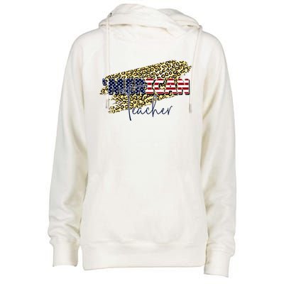 4th Of July Merican Teacher American Flag Leopard Merica Funny Gift Womens Funnel Neck Pullover Hood