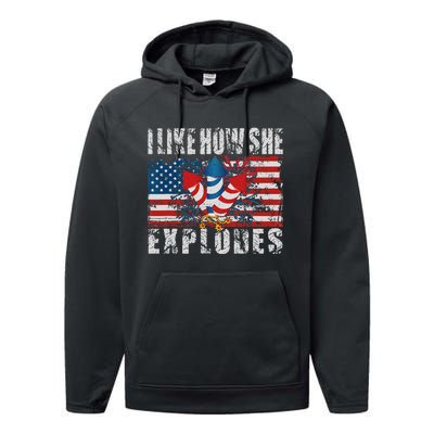 4th Of July I Like How She Explodes Firework USA Flag Performance Fleece Hoodie