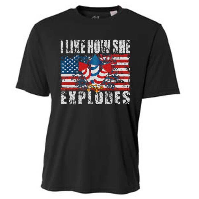 4th Of July I Like How She Explodes Firework USA Flag Cooling Performance Crew T-Shirt