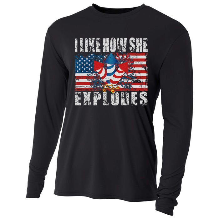 4th Of July I Like How She Explodes Firework USA Flag Cooling Performance Long Sleeve Crew