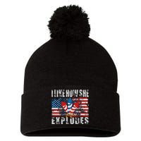 4th Of July I Like How She Explodes Firework USA Flag Pom Pom 12in Knit Beanie