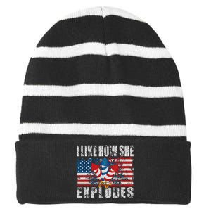 4th Of July I Like How She Explodes Firework USA Flag Striped Beanie with Solid Band