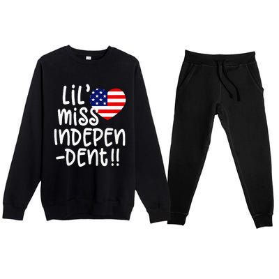 4th of July USA Flag Heart Little Miss Independent Premium Crewneck Sweatsuit Set