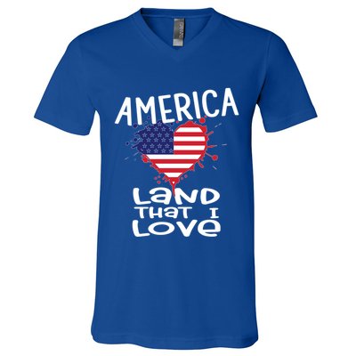 4th Of July America Land That I Love Heart Gift V-Neck T-Shirt