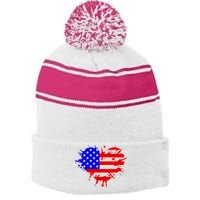 4th Of July USA Heart Stripe Pom Pom Beanie