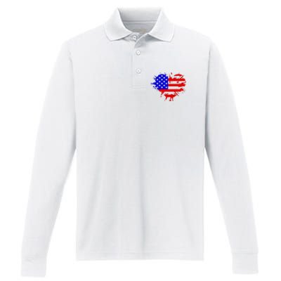 4th Of July USA Heart Performance Long Sleeve Polo