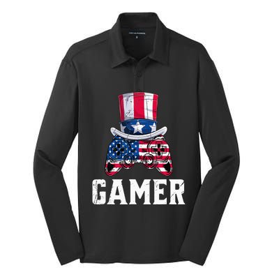 4Th Of July Video Game Controller Gamer Usa Flag Silk Touch Performance Long Sleeve Polo