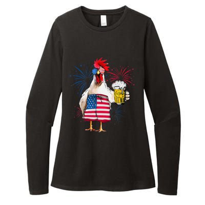 4th Of July American Flag Sunglasses Chicken Drink Beer Womens CVC Long Sleeve Shirt