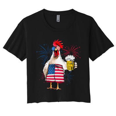 4th Of July American Flag Sunglasses Chicken Drink Beer Women's Crop Top Tee