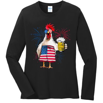 4th Of July American Flag Sunglasses Chicken Drink Beer Ladies Long Sleeve Shirt