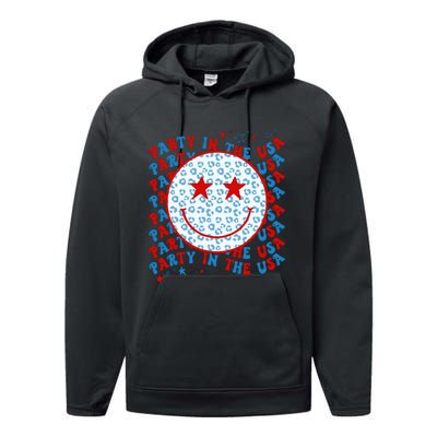 4th Of July Women Men Party In The USA Smiley Face Performance Fleece Hoodie