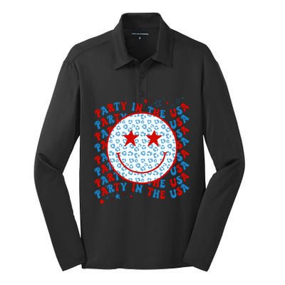 4th Of July Women Men Party In The USA Smiley Face Silk Touch Performance Long Sleeve Polo