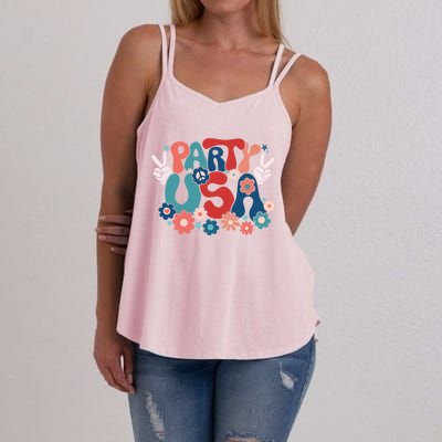 4th Of July Party Usa Flower Groovy Retro Gift Women's Strappy Tank