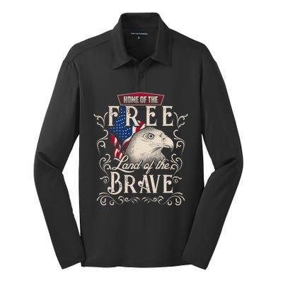 4th Of July Eagle American Flag Funny Gift Home Free Land Brave Silk Touch Performance Long Sleeve Polo