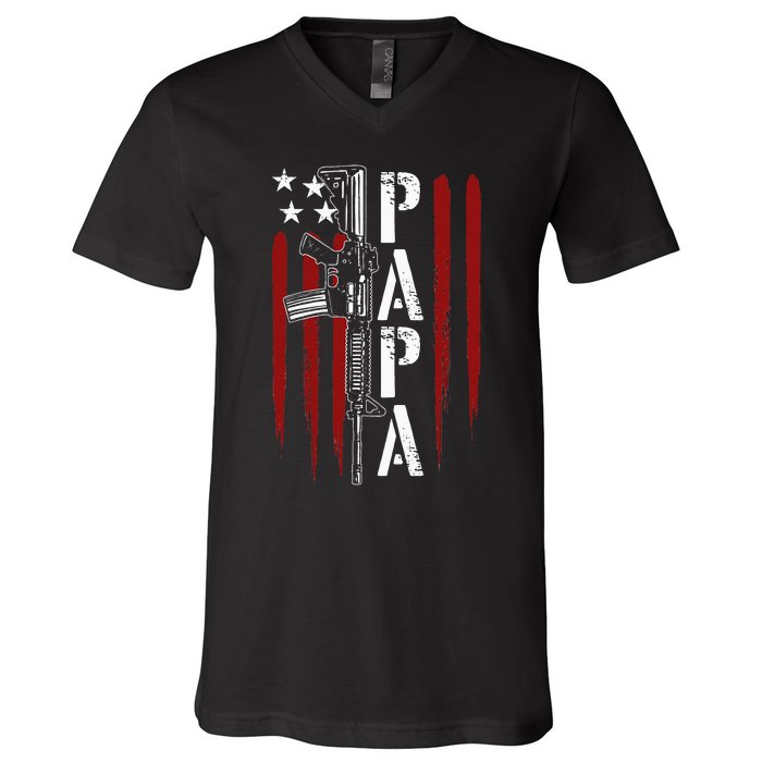 4th of July Papa Dad Daddy AR15 Gun Patriotic Fathers Day V-Neck T-Shirt