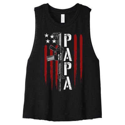 4th of July Papa Dad Daddy AR15 Gun Patriotic Fathers Day Women's Racerback Cropped Tank