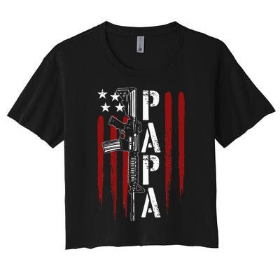 4th of July Papa Dad Daddy AR15 Gun Patriotic Fathers Day Women's Crop Top Tee