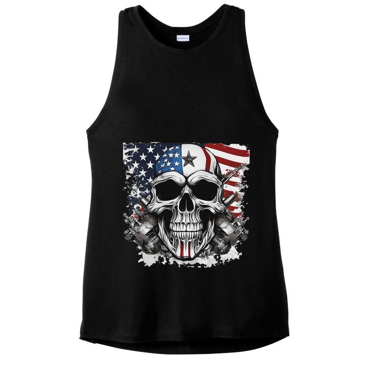 4th Of July For Women Rocker American Flag Skull Ladies PosiCharge Tri-Blend Wicking Tank
