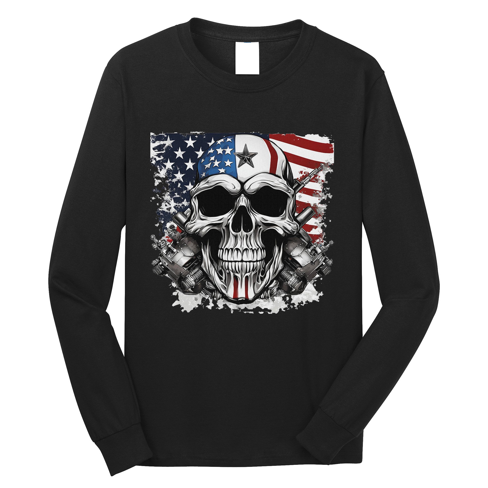 4th Of July For Women Rocker American Flag Skull Long Sleeve Shirt
