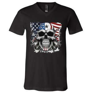 4th Of July For Women Rocker American Flag Skull V-Neck T-Shirt