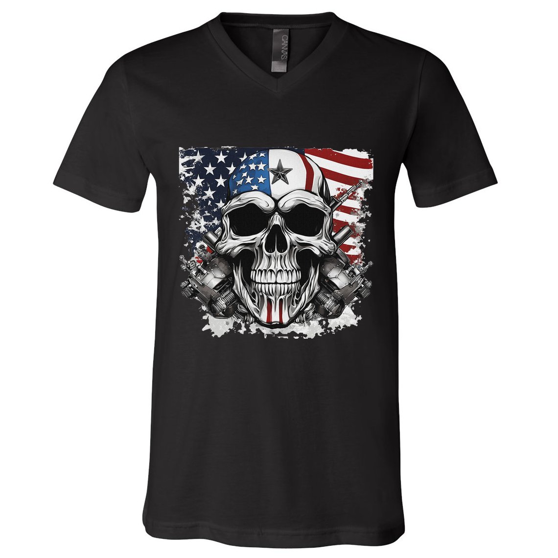 4th Of July For Women Rocker American Flag Skull V-Neck T-Shirt