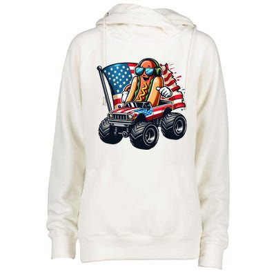 4th Of July Hot Dog Sunglasses Patriotic Monster Truck Boy Womens Funnel Neck Pullover Hood