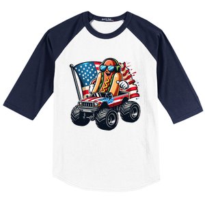 4th Of July Hot Dog Sunglasses Patriotic Monster Truck Boy Baseball Sleeve Shirt