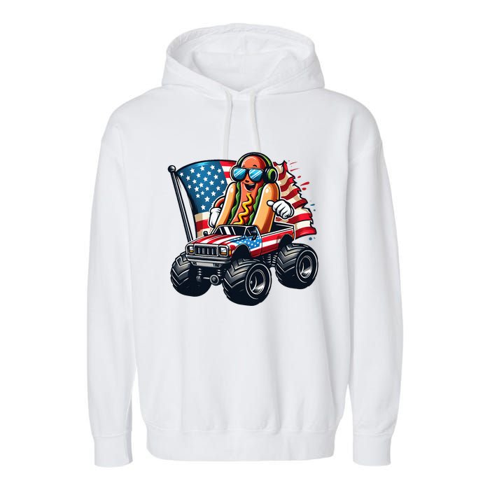 4th Of July Hot Dog Sunglasses Patriotic Monster Truck Boy Garment-Dyed Fleece Hoodie