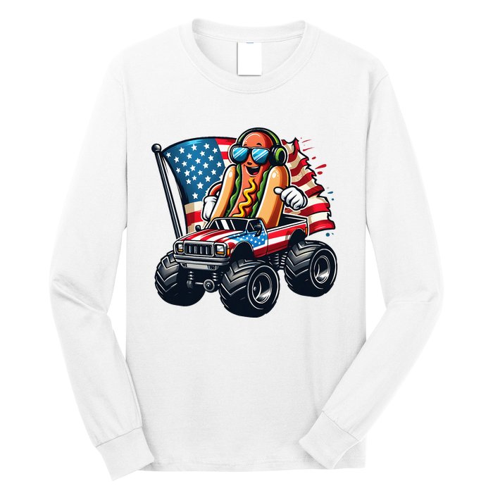 4th Of July Hot Dog Sunglasses Patriotic Monster Truck Boy Long Sleeve Shirt