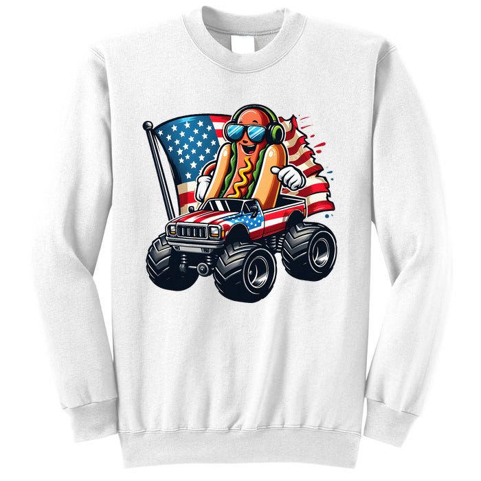 4th Of July Hot Dog Sunglasses Patriotic Monster Truck Boy Sweatshirt