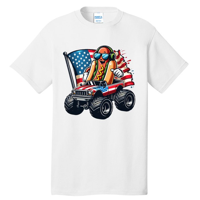 4th Of July Hot Dog Sunglasses Patriotic Monster Truck Boy Tall T-Shirt