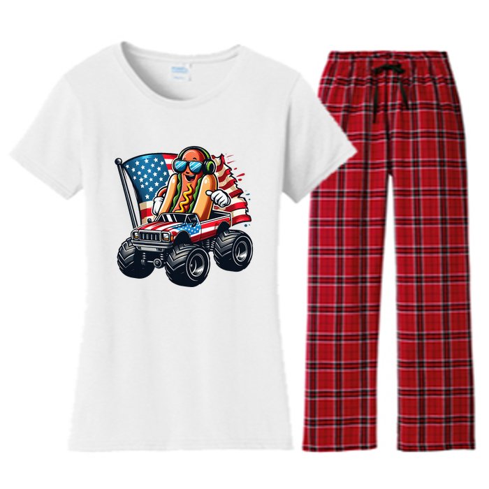 4th Of July Hot Dog Sunglasses Patriotic Monster Truck Boy Women's Flannel Pajama Set