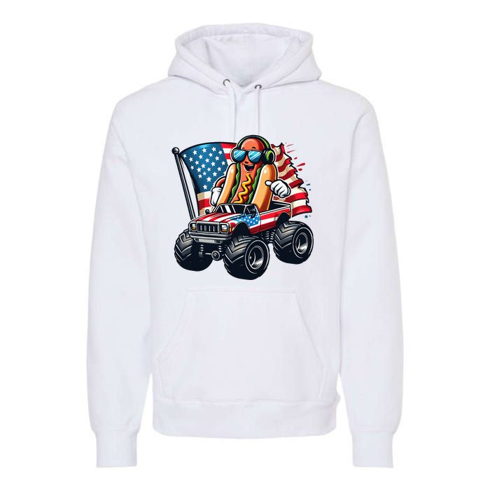 4th Of July Hot Dog Sunglasses Patriotic Monster Truck Boy Premium Hoodie