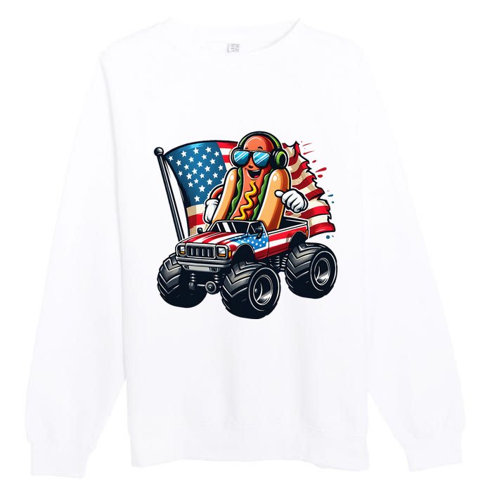 4th Of July Hot Dog Sunglasses Patriotic Monster Truck Boy Premium Crewneck Sweatshirt