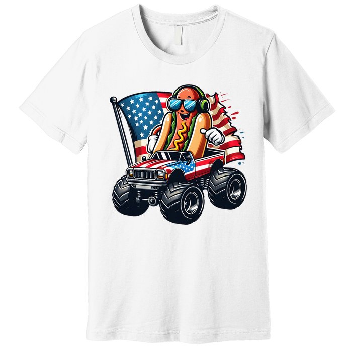 4th Of July Hot Dog Sunglasses Patriotic Monster Truck Boy Premium T-Shirt